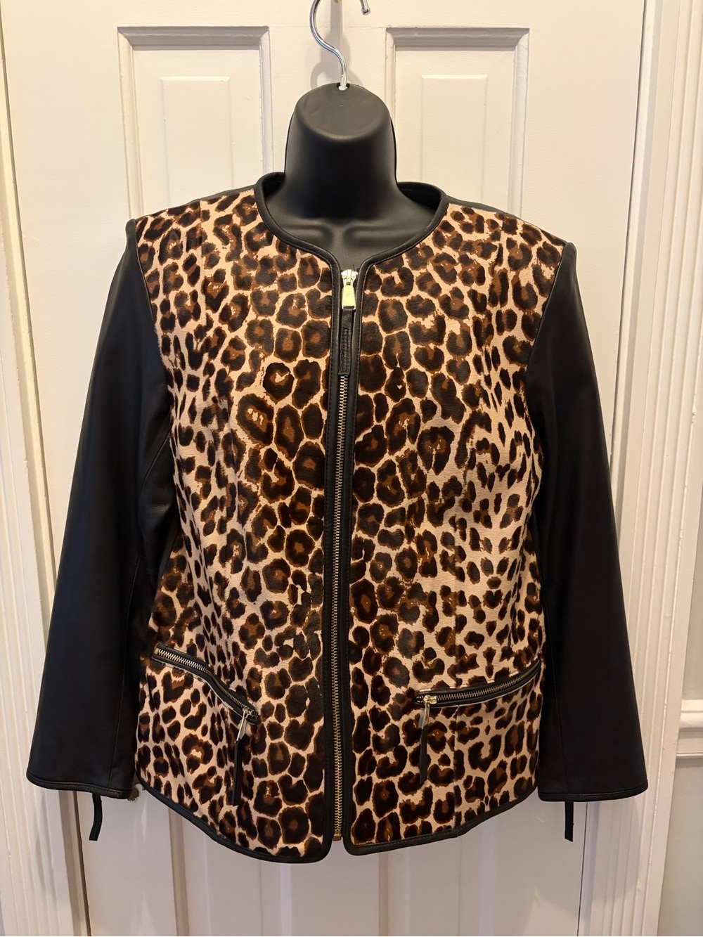 NWOT Neiman Marcus Leopard print calf fur and black leather jacket Woman’s Large